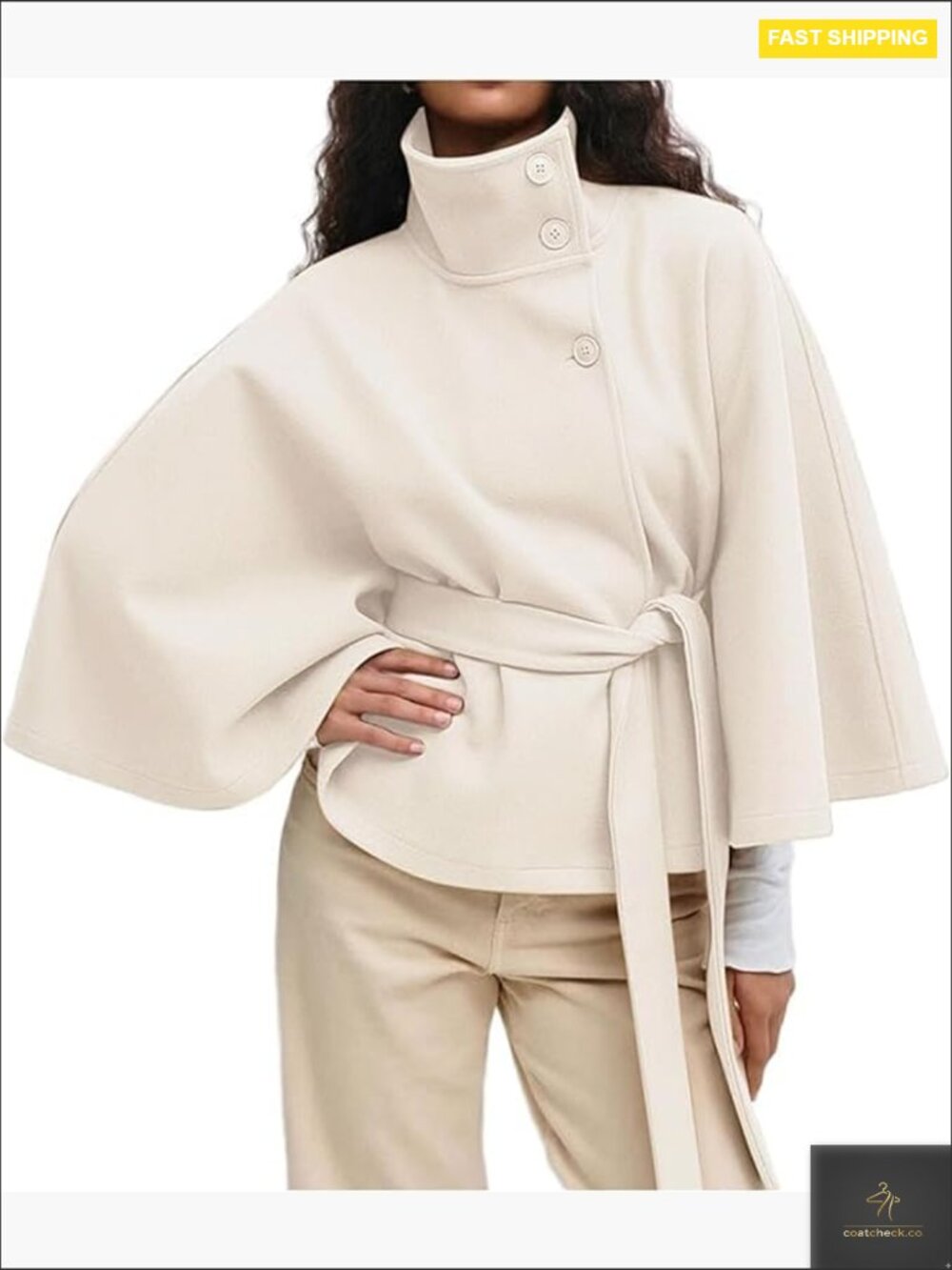 Batwing Sleeve Poncho Coat Oversized Winter Pea Coat Stand Collar Cropped Cape